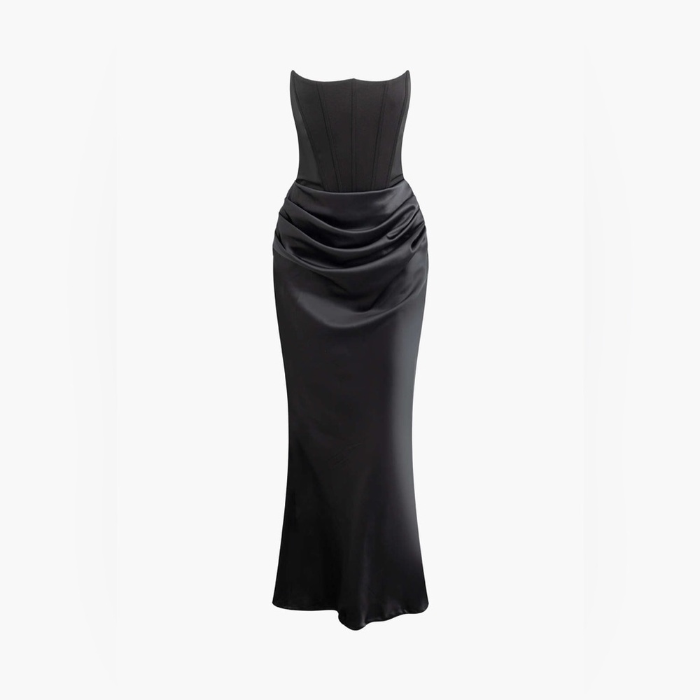 NWT Micas Black Corset Draped Mermaid Tail Maxi Dress M